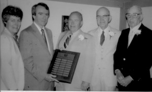 The “Three Bills” named to the first Dollars for Scholars National Honor Roll, June 13, 1982. From left to right, Pat Mooney, President, CSF of Wakefield, Joe Phelan, President, CSF of America, Bill Spaulding, Bill Jones, and Bill Lee
