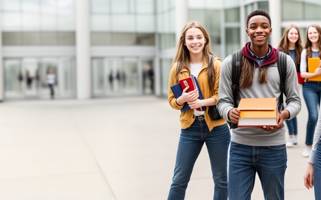 Two students are standing outside with books and a backpack.