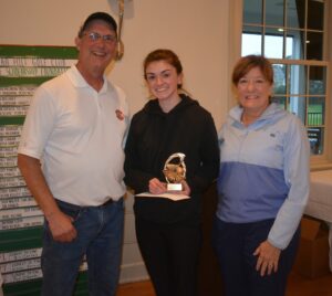 Taking home honors for the Women’s Longest Drive was Kayla Hourihan (center) being congratulated by T.J. White and Kathy Scanlon of TSF.