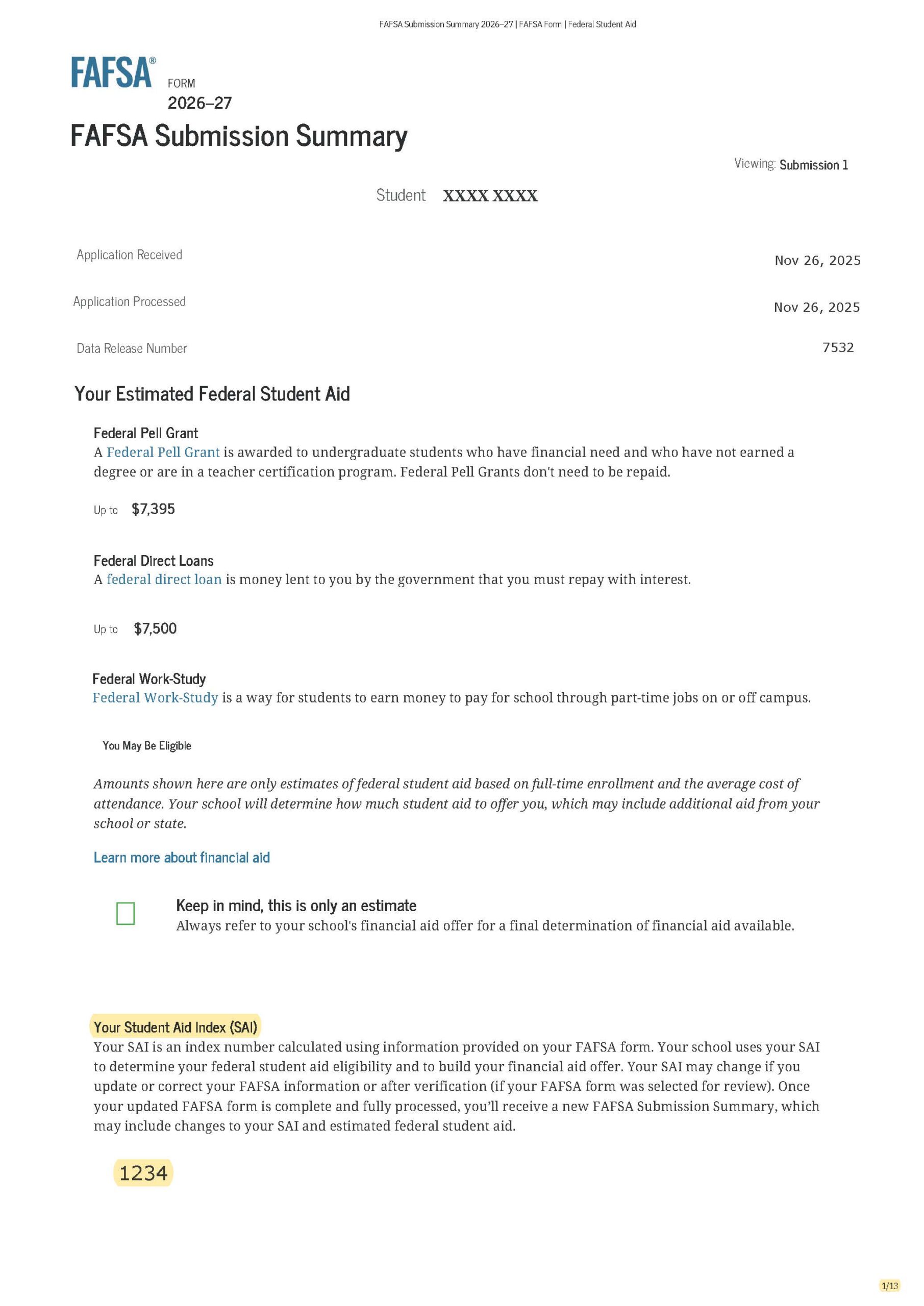 A sample image of the first page of a FAFSA submission summary for 2026-2027