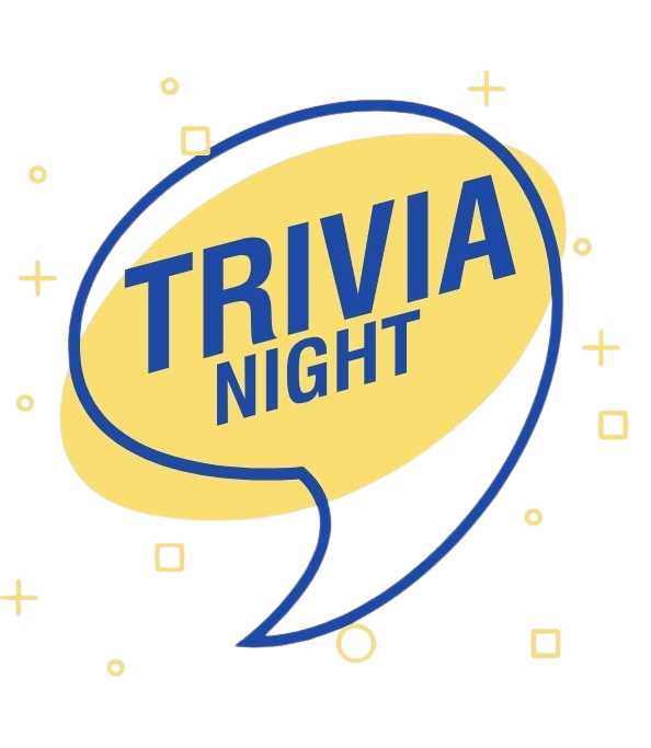 A yellow and blue speech bubble with the words " trivia night ".